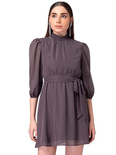 faballey women's georgette mauve shimmer high neck belted dress mini (drs05632_purple_l)