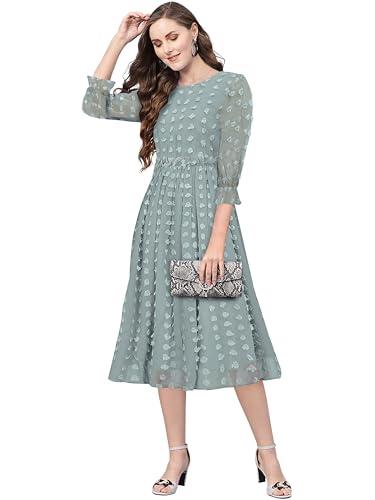 keri perry women's sea green dobby georgette woven fit & flared western dress | dress for women | a line dress | winter dress | western dress | latest women dress | trendy dress | midi dress