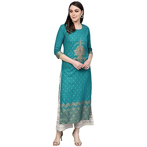 anubhutee women's rayon peacock blue ethnic motifs printed straight kurta suit set with palazzo