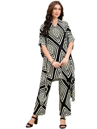 rytras women's printed kaftan kurta and pant set(black,3xl)