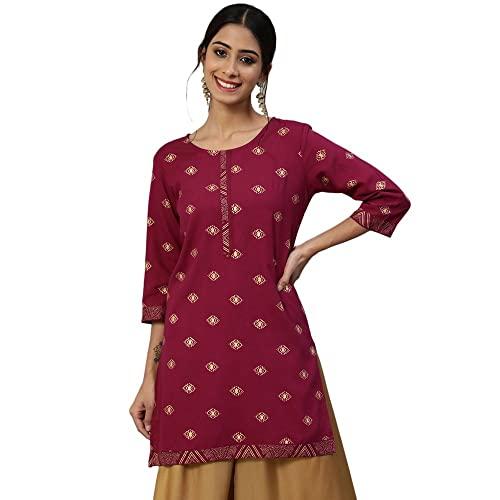 anubhutee women's rayon maroon foil print ethnic motifs printed straight kurti