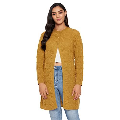 clapton amazing gold stylish winterwear sweaters with cardigans for women fullsleeve longline round neck with button acrylic woolen soft wool blend solid shurg/outer