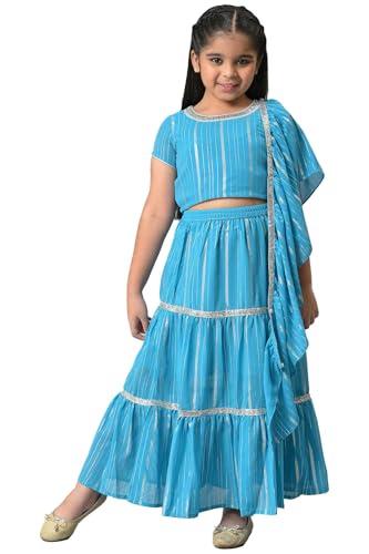 girls blue round neck kurta with skirt and dupatta