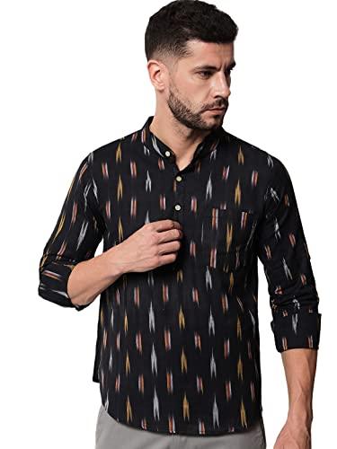 vastraa fusion men handloom pure cotton ikat printed kurta (vs2401d_black_42)