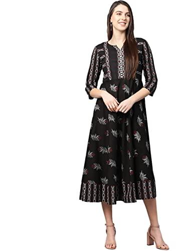 yash gallery women's cambric cotton floral printed flared dress for women (1272ykblack_black_medium)