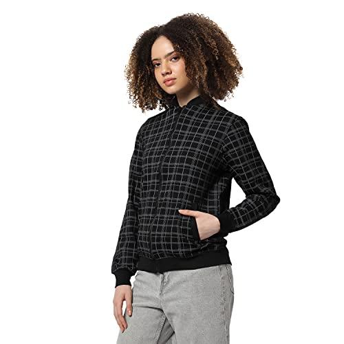 campus sutra women's black plaid regular fit cotton jacket for winter wear | hooded collar | full sleeve | zipper | casual jacket for woman & girl | western stylish jacket for women