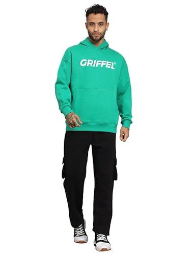 griffel men oversized fit front logo bottle green fleece hoodie and trackpant (large)