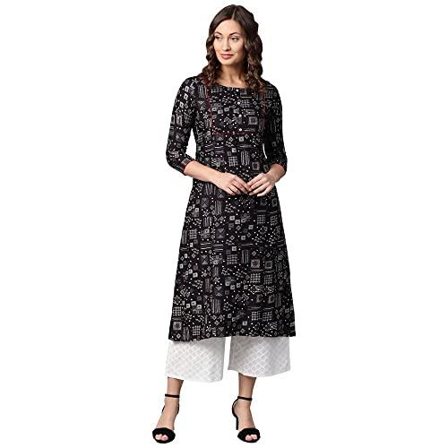 anubhutee women's rayon black ethnic motifs printed a-line kurta suit set with palazzo