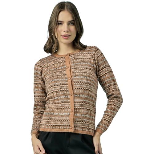 clapton women self striped round neck sweater cardigan winter wear (m, gold)