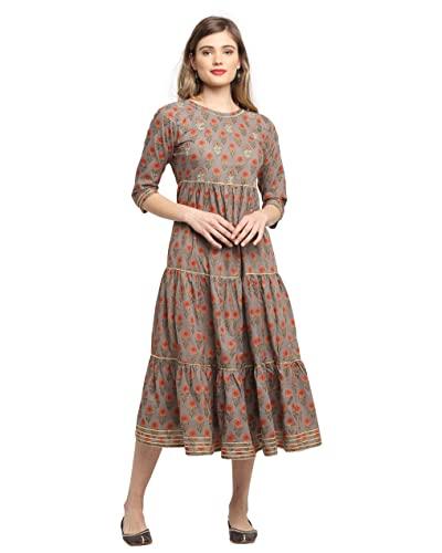 rajnandini women's grey and orange coloured pure cotton jaipuri floral printed kurti(xxl-size)