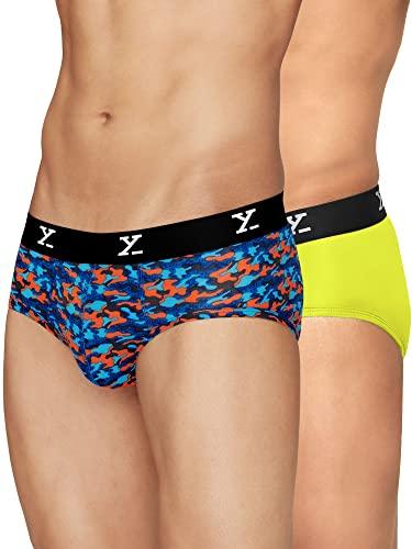 xyxx men's underwear shuffle intellisoft antimicrobial micro modal brief pack of 2 (camo blue & orange ; lime green; m)