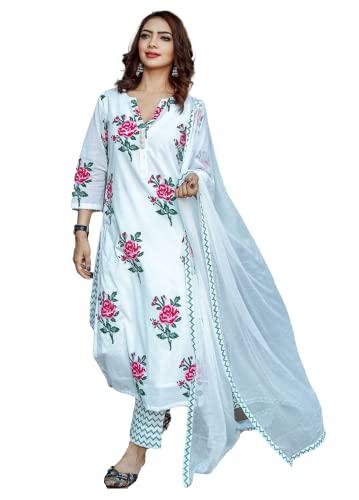 klosia women pure cotton printed straight kurta with pant & dupatta set white