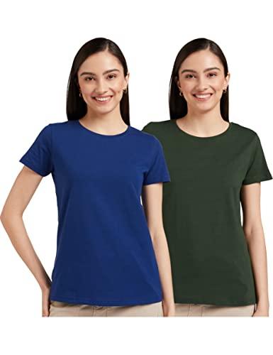 amazon brand - symbol women's solid regular fit half sleeve t-shirt (2rn07_dk green&ink blue_xxl) (combo pack of 2)