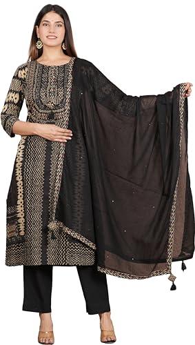 yash gallery women's ikat printed straight kurta with pant & dupatta (black)(l)