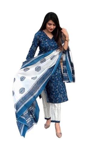 klosia women's rayon kurta palazzo with dupatta set (floral_suit_xl_indigo blue_xl)