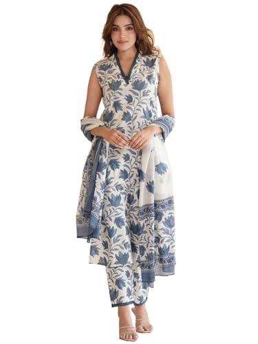 anni designer women's cotton blend printed straight kurta with pant & dupatta (root white_s_white_small)