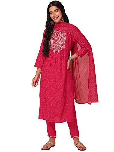 indya women's rayon regular kurta and pants with dupatta (icd00225_pink