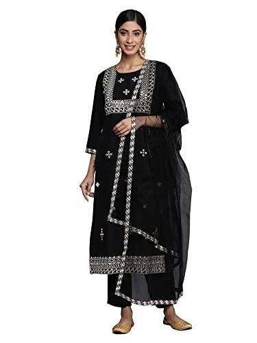 indo era women's cotton blend embroidered straight kurta with pant set s with dupatta set (kh9bk8784s_black_s-size)