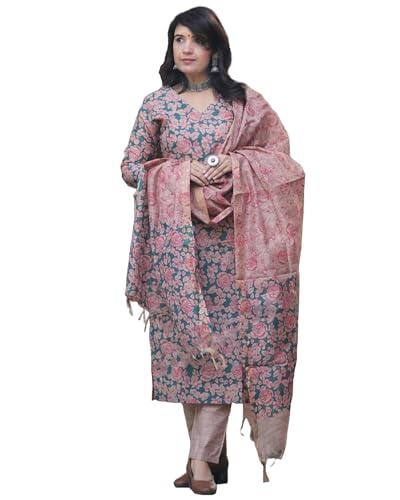 anni designer women's cotton blend printed straight kurta with pant & dupatta (moringa green_l_green_large)