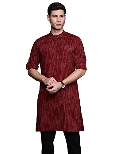 indo era aztec print mandarin collar straight cotton kurta for men (maroon_mkt0mr01007_small)