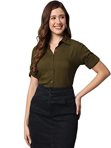 funday fashion women solid casual/formal button regular shirt (large, green)