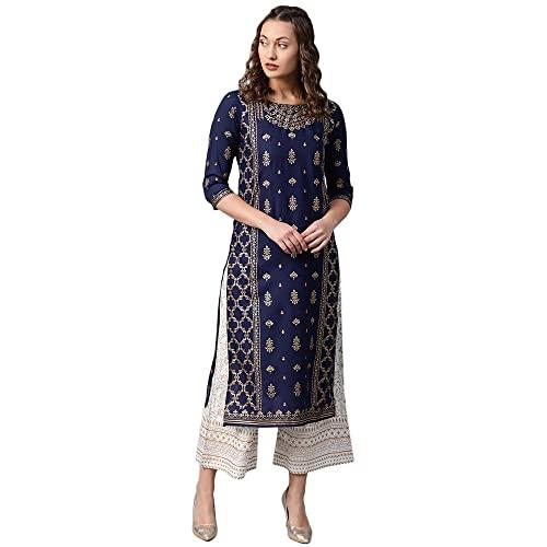 anubhutee women's rayon navy blue ethnic motifs printed straight kurta suit set with palazzo