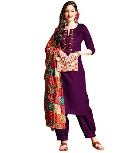 ethnicjunction women's embroidered cotton blend straight kurta patiala with bandhani print dupatta set (wine)