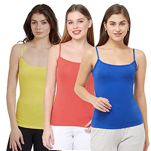 soie women's solid cotton spandex slip (pack of 3)( orange , blue , yellow size-large )