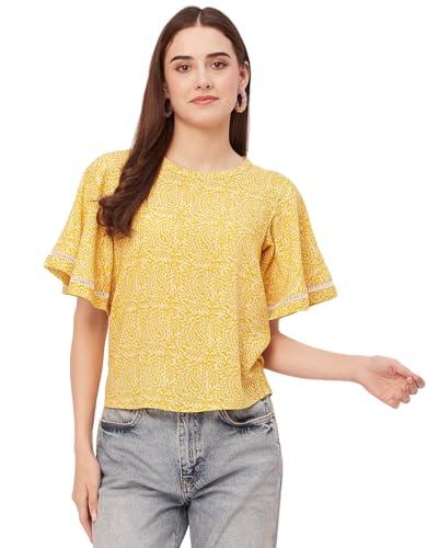 moomaya printed tops for women, lace flutter sleeve viscose casual top