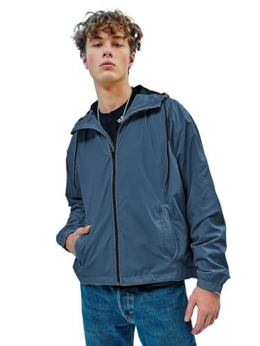 bewakoof air 1.0 men's solid oversized fit full sleeve hooded neck nylon windcheater jacket_ 620120 blue 2xl