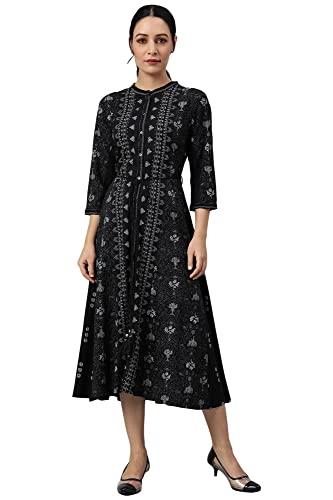 w for woman black floral printed panelled indie dress