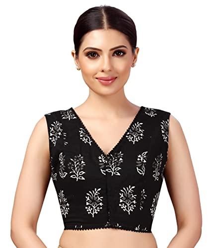 studio shringaar women's readymade cotton sleeveless mulmul block printed saree blouse (black, 42)