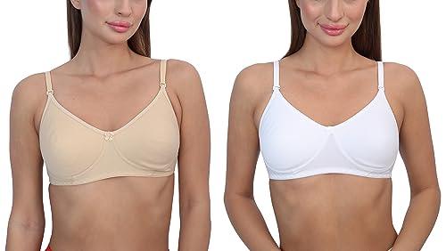 glamoras women cotton soft pad non wired full coverage adjustable & removable straps bra, size-32-40, b & c cup, pack of 2 bra white, beige