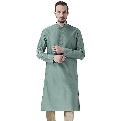 kisah men sea green solid straight kurta full sleaves, knee length, straight, regular fit, mandarin collar ethnic wear