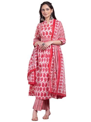 indya boota print cotton women's kurta with pants and dupatta set (pink, large)