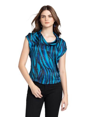 shaye black casual sleeveless cowl neck animal print satin top for women