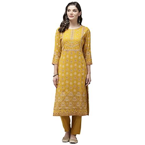 anubhutee women's rayon yellow ethnic motifs printed straight kurta suit set with pants