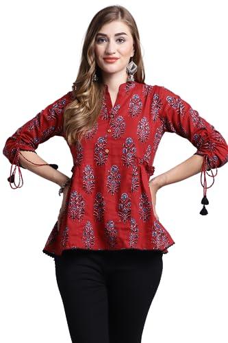 rajnandini women's pure cotton jaipuri printed short top (jopljpr716-l_maroon_l)