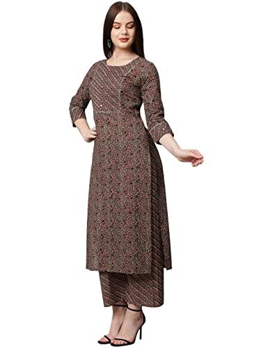 gosriki women's cotton blend traditional straight printed kurta and palazzo set (janar dark brown_3xl-gs_dark brown_xxx-large)