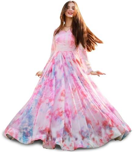 kedarfab women's digital floral print stylish floor length georgette anarkali gown with dupatta, pink