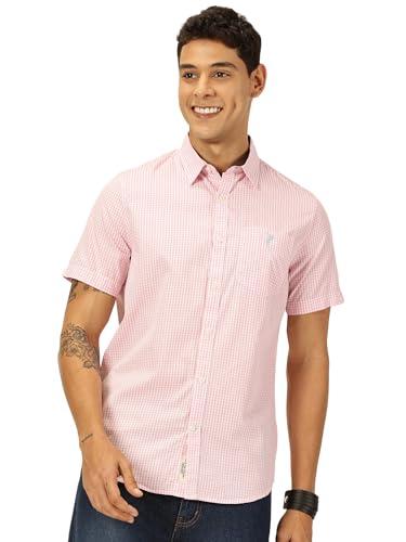 thomas scott men 100% cotton short sleeves slim fit checked casual shirt(ccsh039_pink_m)