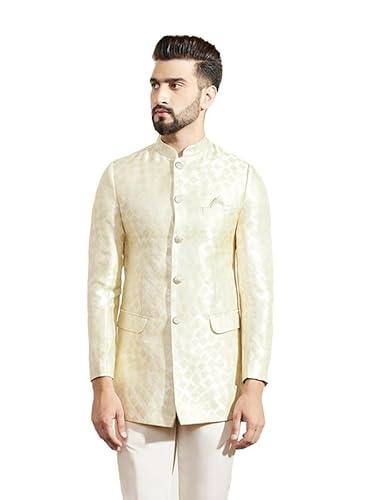 kisah men's sherwani, off white silk blend, jacquard regular fit mandarin collar long sleeves (38)