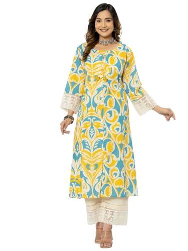 rytras women's cotton printed a-line kurta with pant set(ryt563,yellow,m)