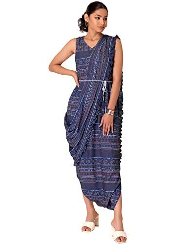 indya blue printed belted jumpsuit with attached dupatta