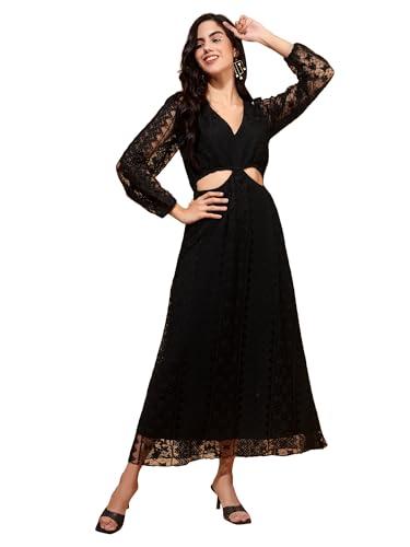 drape and dazzle cut out net long dress with sleeve | v neck dress | latest stylish dress dress for women | black_dd-077-black-m