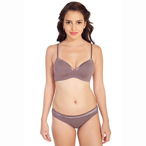 soie women medium coverage padded non-wired cotton spandex t-shirt bra and low rise panty lingerie set