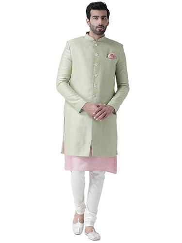 kisah men's kurta indo western sherwani churidar set, pesta green silk blend, jacquard regular fit mandarin collar long sleeves (42)