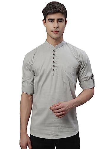 majestic man cotton solid slim fit designer short kurta for men (large, light grey)