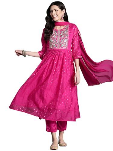 indo era women's pink chanderi silk embroidered a-line kurta & pant with dupatta set (kh9pk6181_large)