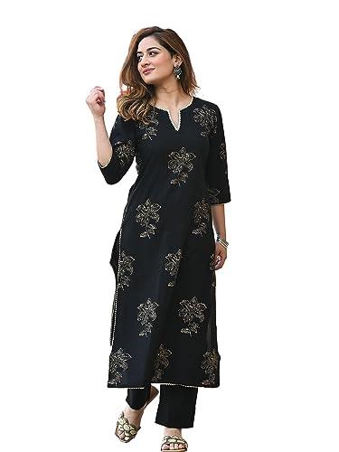 arayna women's rayon gold printed black kurta set with ethnic palazzo pants, large